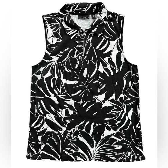 Rafaella Tops - Rafaella Women's Soft Sleeveless 1/4 Zipper Fashion Top (Pressed Palms Black, L)